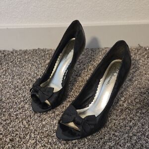 Elegant Black Peep-Toe Heels With Satin Bow
